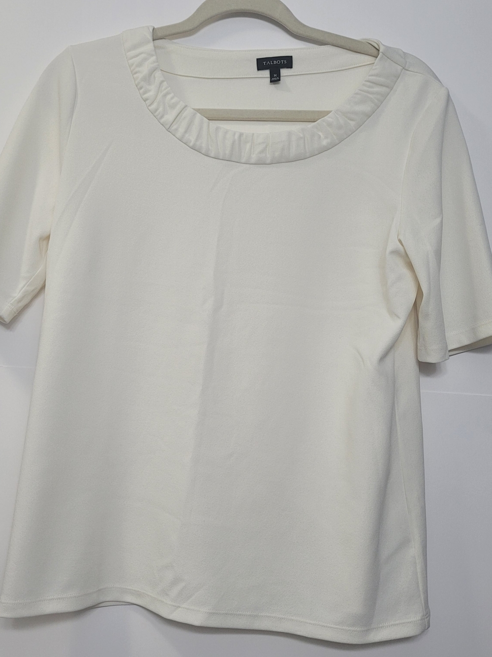 Talbots Cream Short Sleeve Ruffle Collar Tee